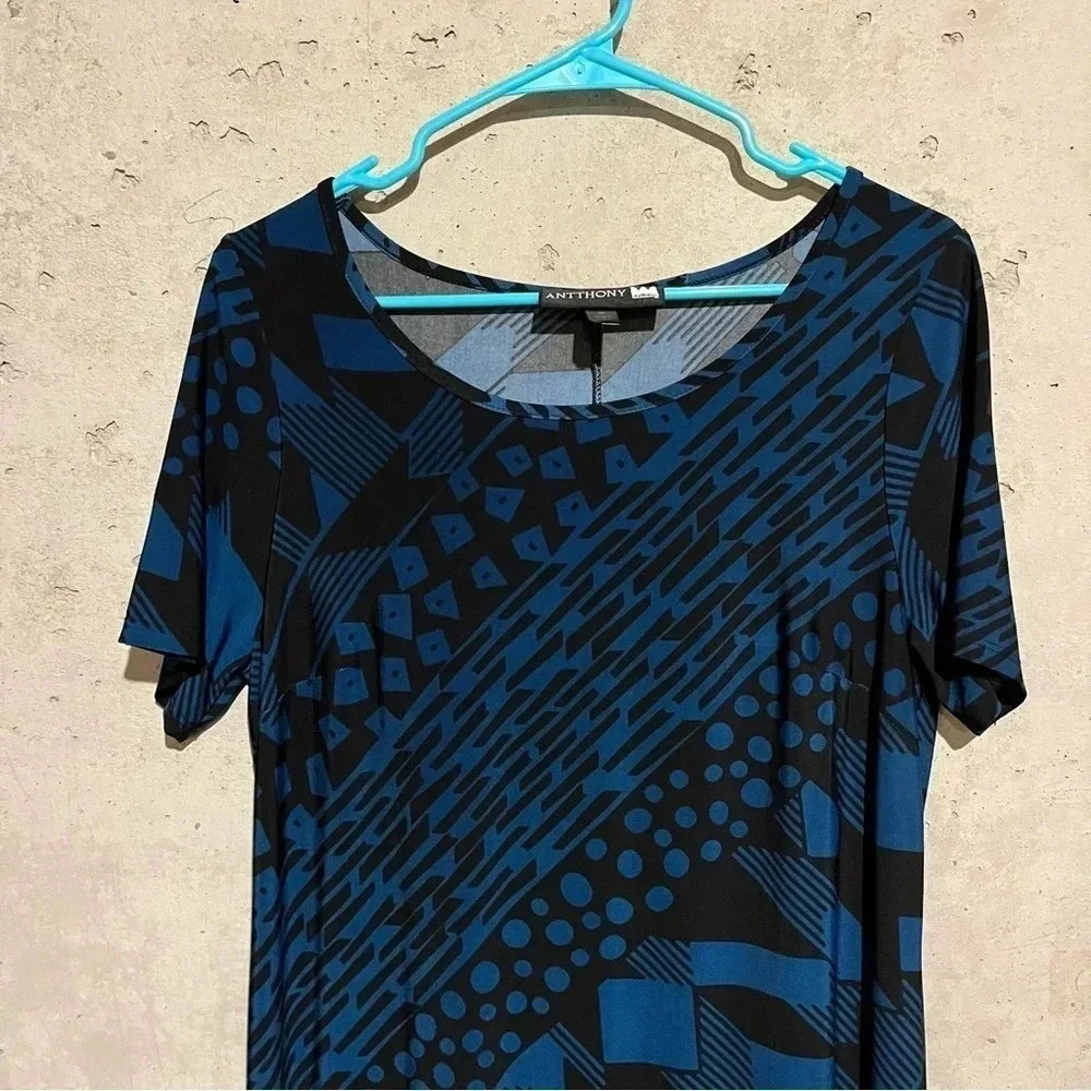 Antthony Shirt Sleeve Shift Dress Geometric Blue Black Design Women’s M - Picture 2 of 10